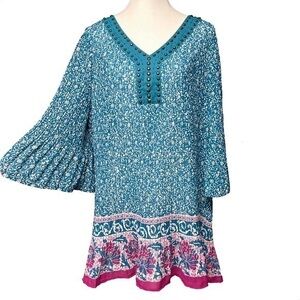 Woman Within Sheer Pleated Tunic Boho Blouse Teal Pink Studded Details 18/20